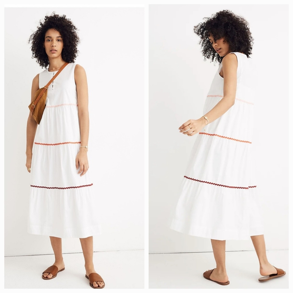 MADEWELL Rickrack Cattail Tiered Cotton Sleeveless  Midi Dress Sz XL White